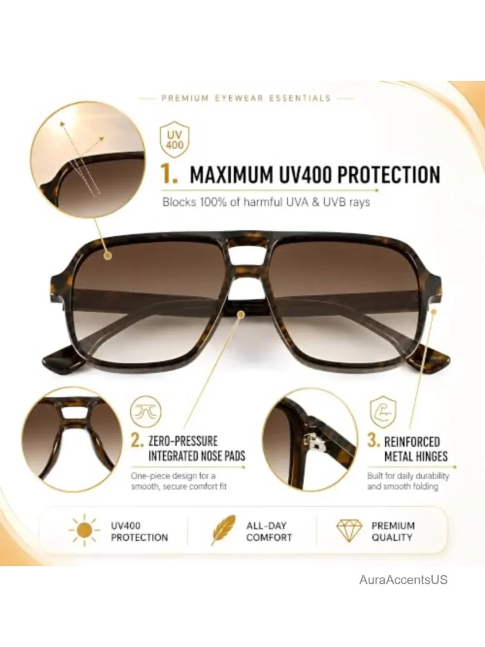 Oversized Aviator Square Sunglasses UV400 Gradient Lenses